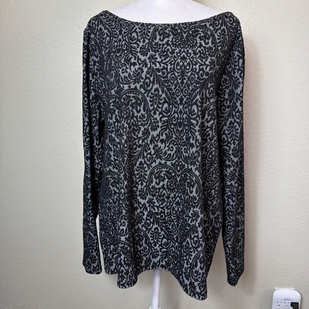 LOFT Top XL Womens Grey Black Damask Boatneck Long Sleeve Knit Pullover Blouse